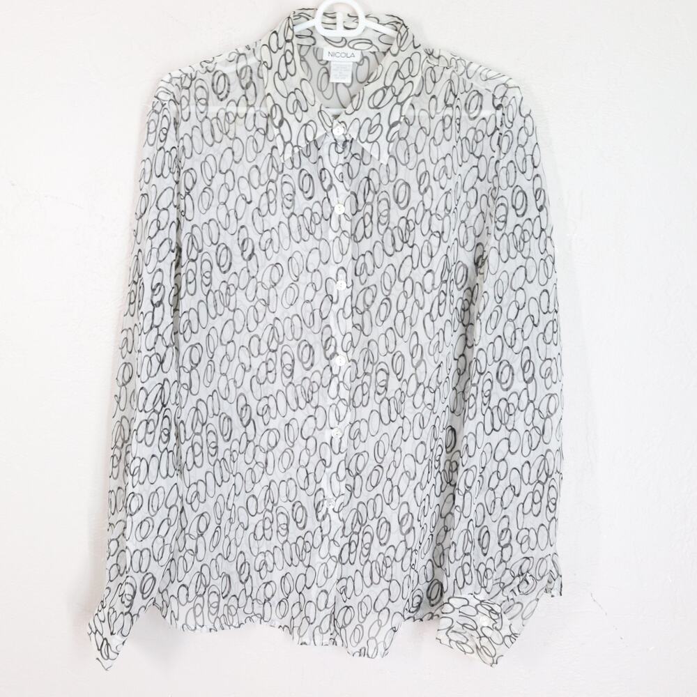 Nicola Top Women XL White Black Geo Smi Sheer Button Front Cuffs Long Sleeve